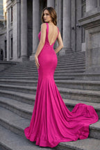 Navy Blue Satin Mermaid Evening Dress with V-Neck Neckline and Beading