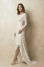 White Lace Mermaid Wedding Dress with Scoop Neck Neckline and Floral Detail