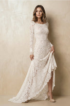 White Lace Mermaid Wedding Dress with Scoop Neck Neckline and Floral Detail