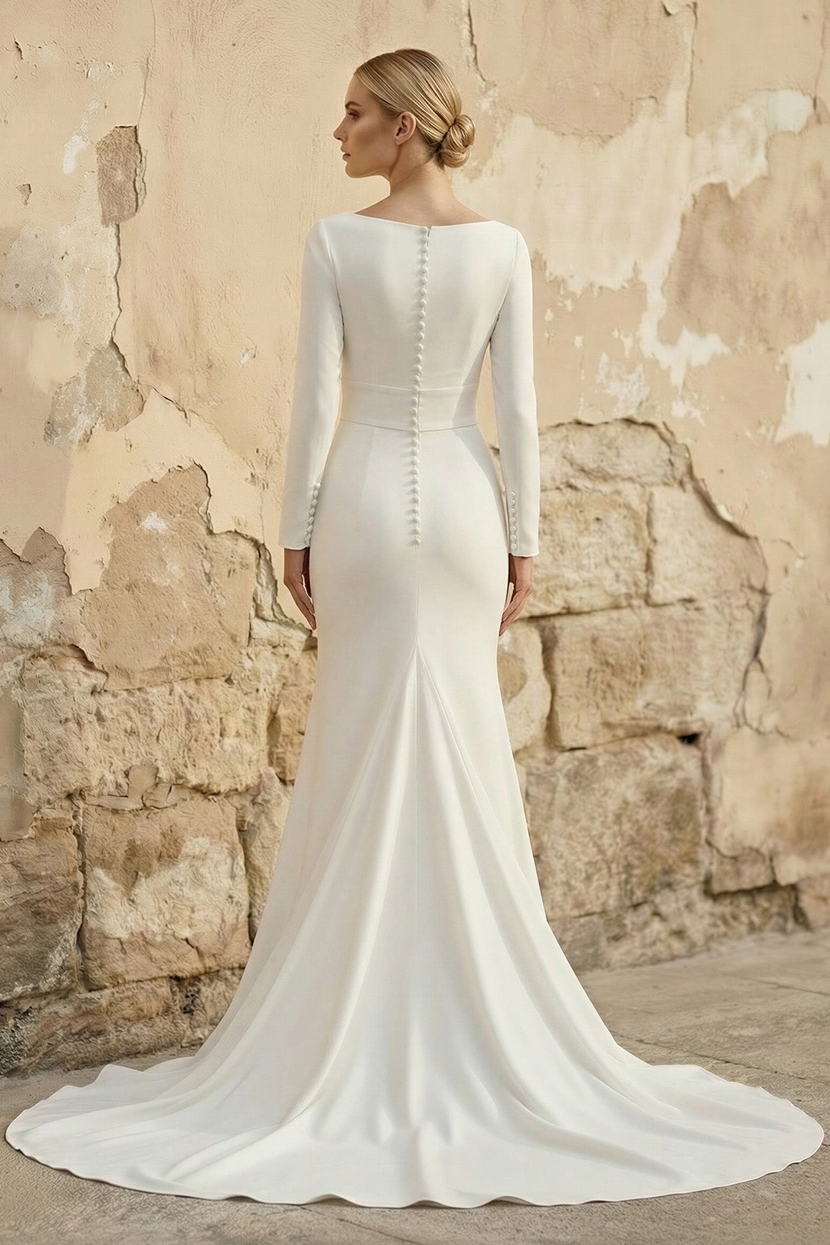 Diamond White Satin Mermaid Wedding Dress with Sweep Train