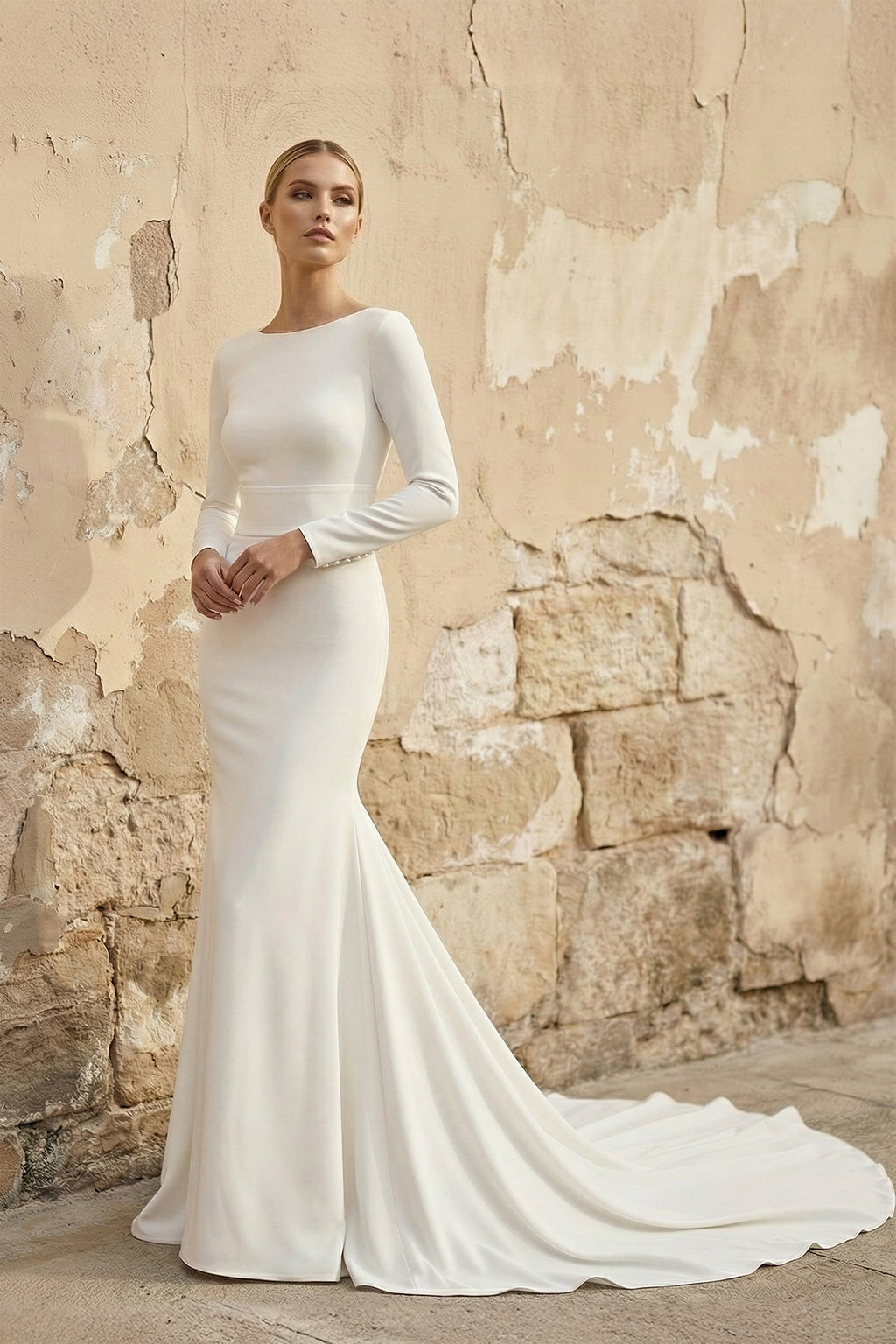 Diamond White Satin Mermaid Wedding Dress with Sweep Train