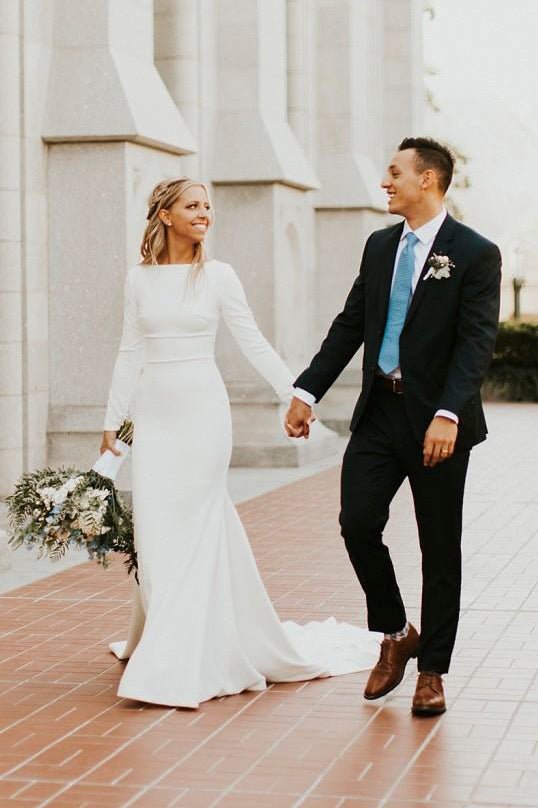 Diamond White Satin Mermaid Wedding Dress with Sweep Train
