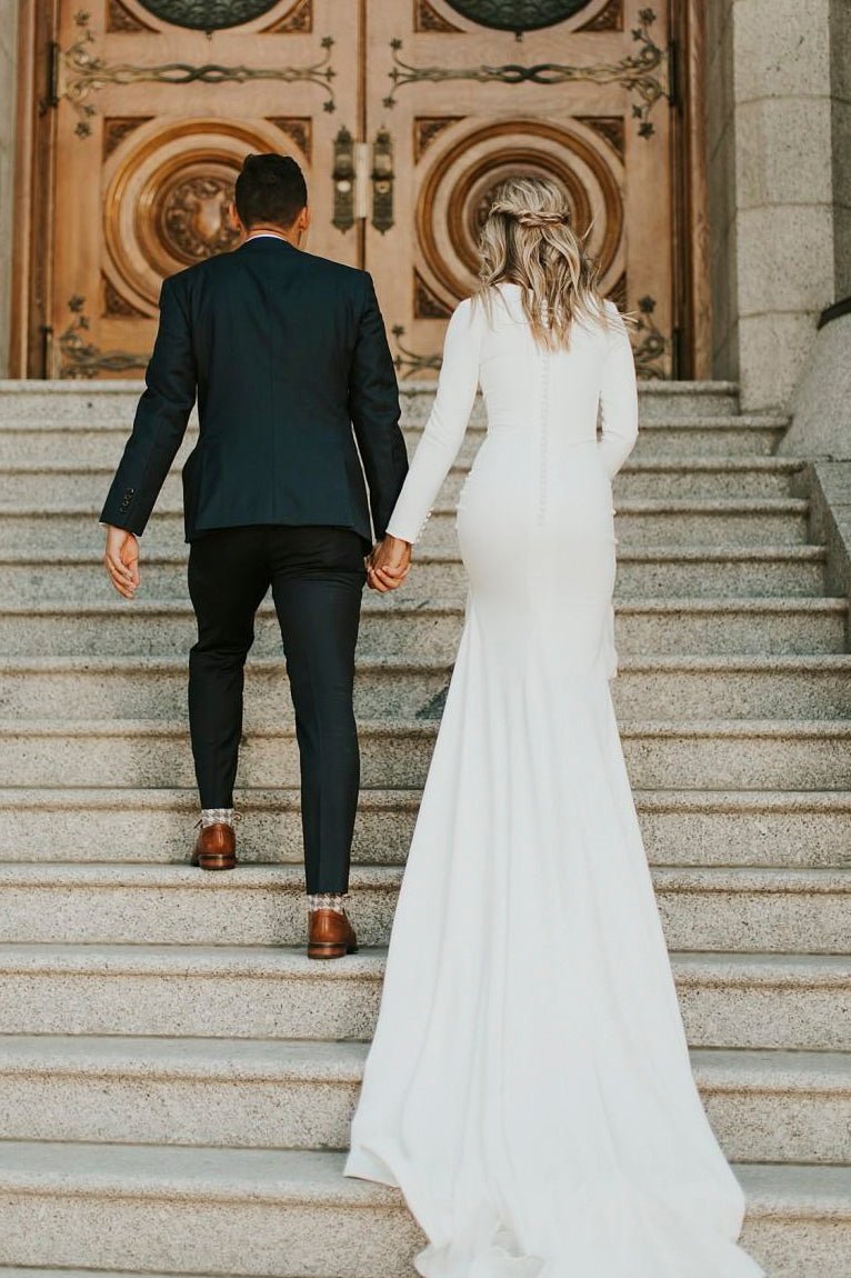 Diamond White Satin Mermaid Wedding Dress with Sweep Train