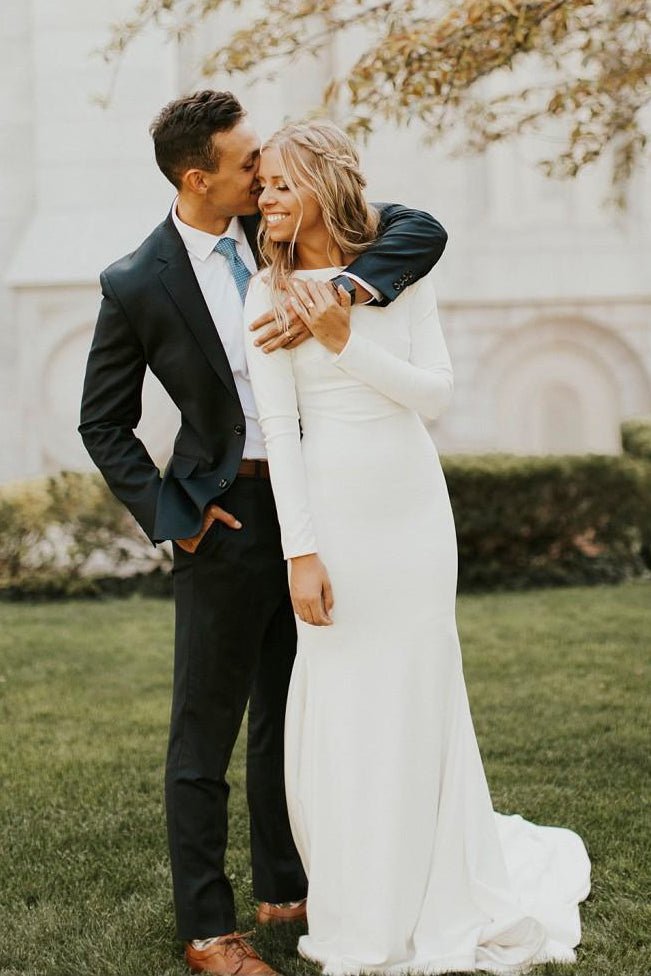 Diamond White Satin Mermaid Wedding Dress with Sweep Train