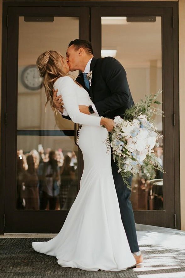 Diamond White Satin Mermaid Wedding Dress with Sweep Train