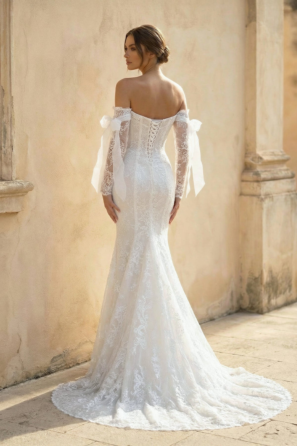 White Lace Mermaid Wedding Dress with Sweep Train