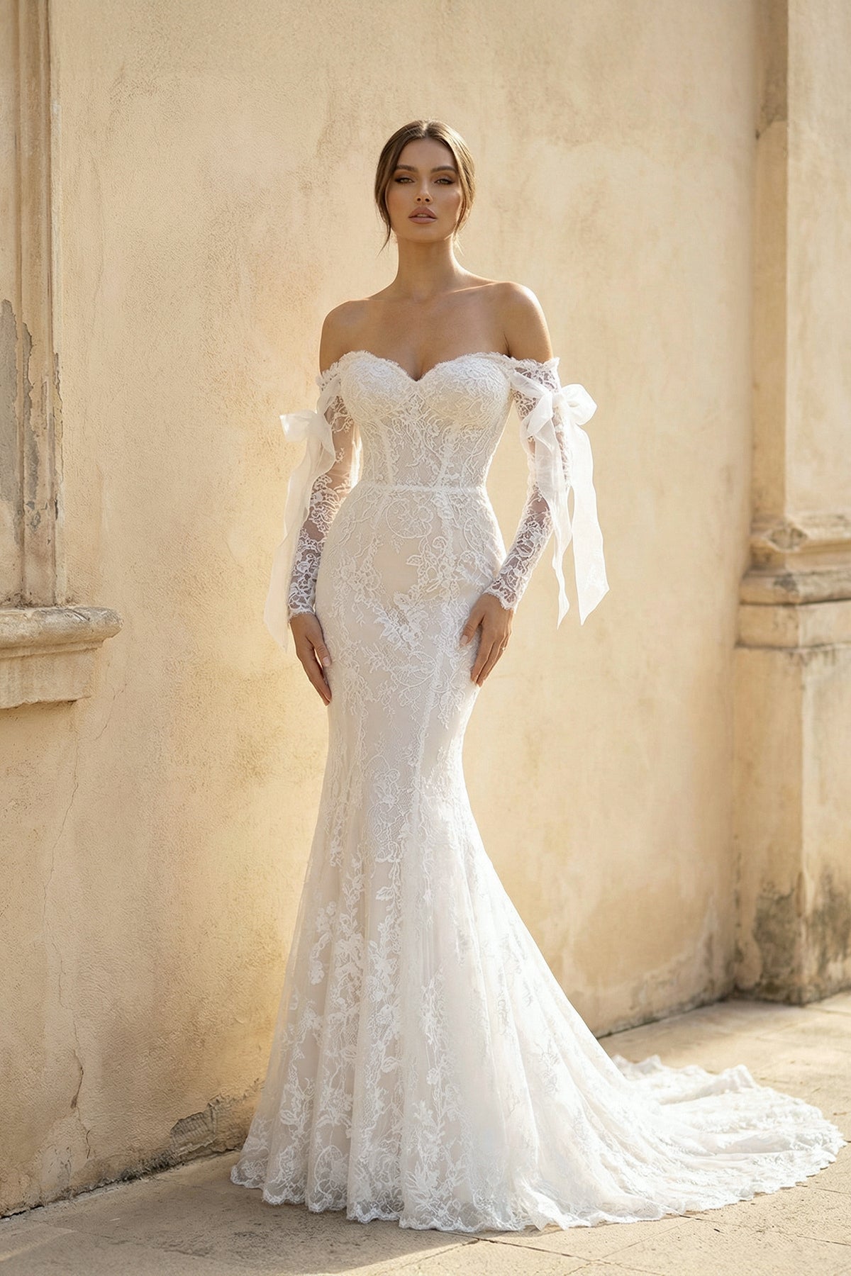White Lace Mermaid Wedding Dress with Sweep Train