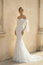 White Lace Mermaid Wedding Dress with Sweep Train
