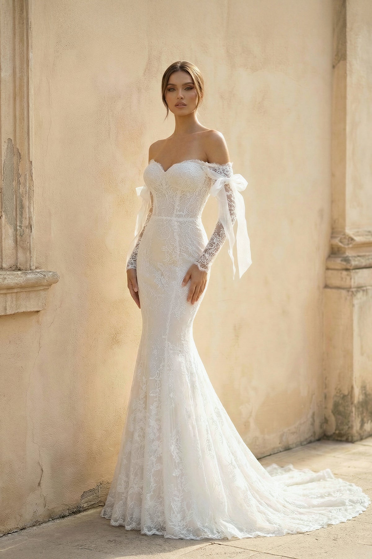 White Lace Mermaid Wedding Dress with Sweep Train