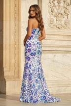 Mermaid One Shoulder Sequin Appliques Long Formal Prom Gown with Slit