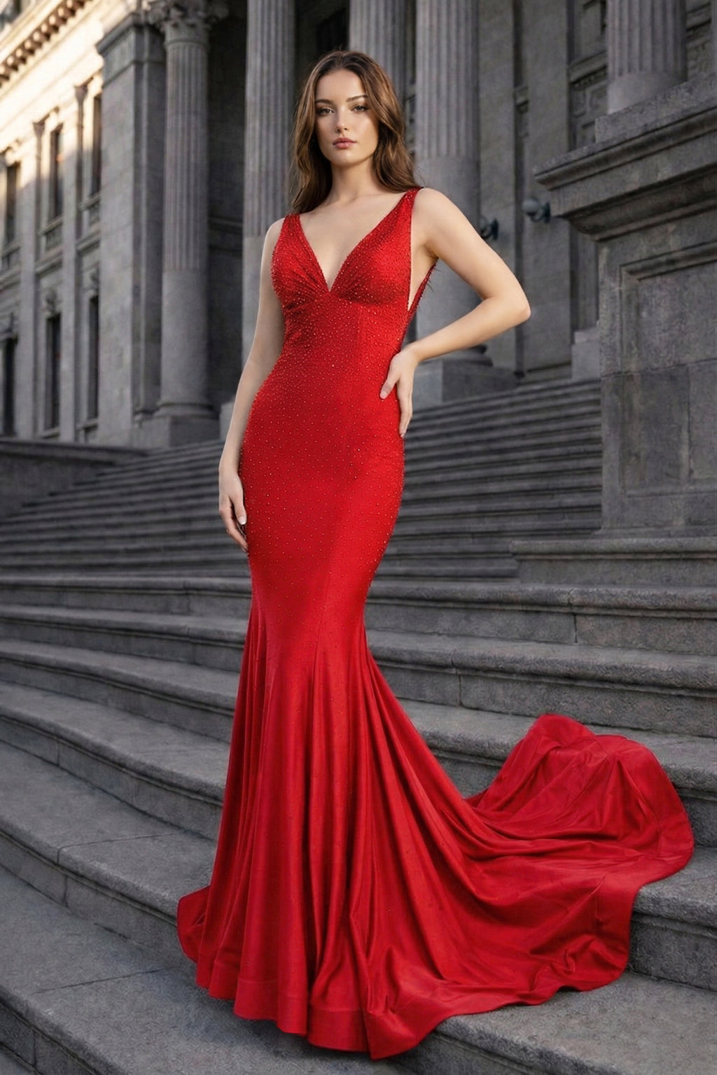 Navy Blue Satin Mermaid Evening Dress with V-Neck Neckline and Beading