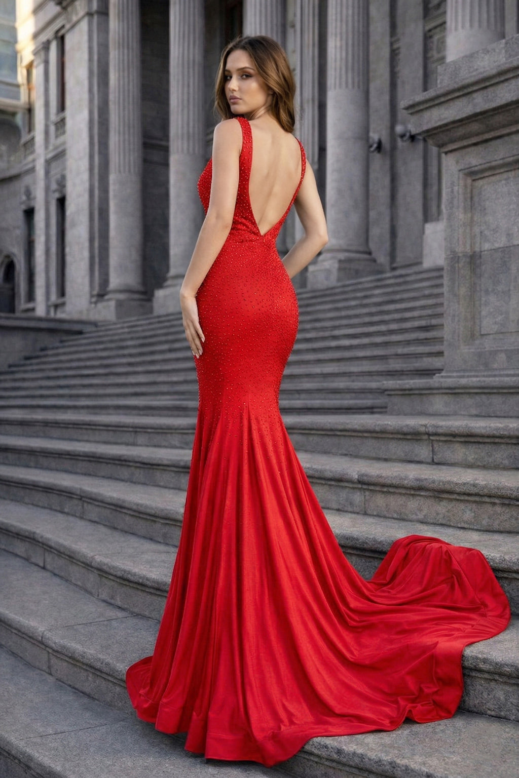 Navy Blue Satin Mermaid Evening Dress with V-Neck Neckline and Beading