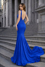 Navy Blue Satin Mermaid Evening Dress with V-Neck Neckline and Beading