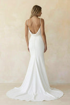 Diamond White Satin Mermaid Wedding Dress with V-Neck Neckline and Sweep Train