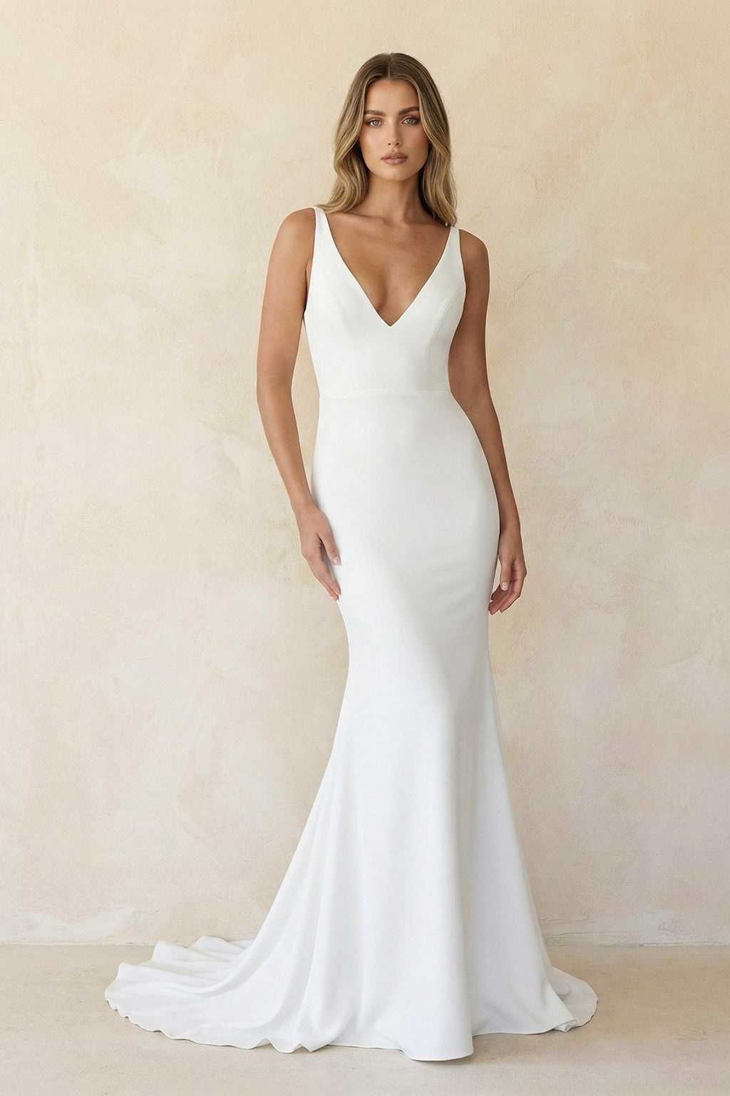 Diamond White Satin Mermaid Wedding Dress with V-Neck Neckline and Sweep Train