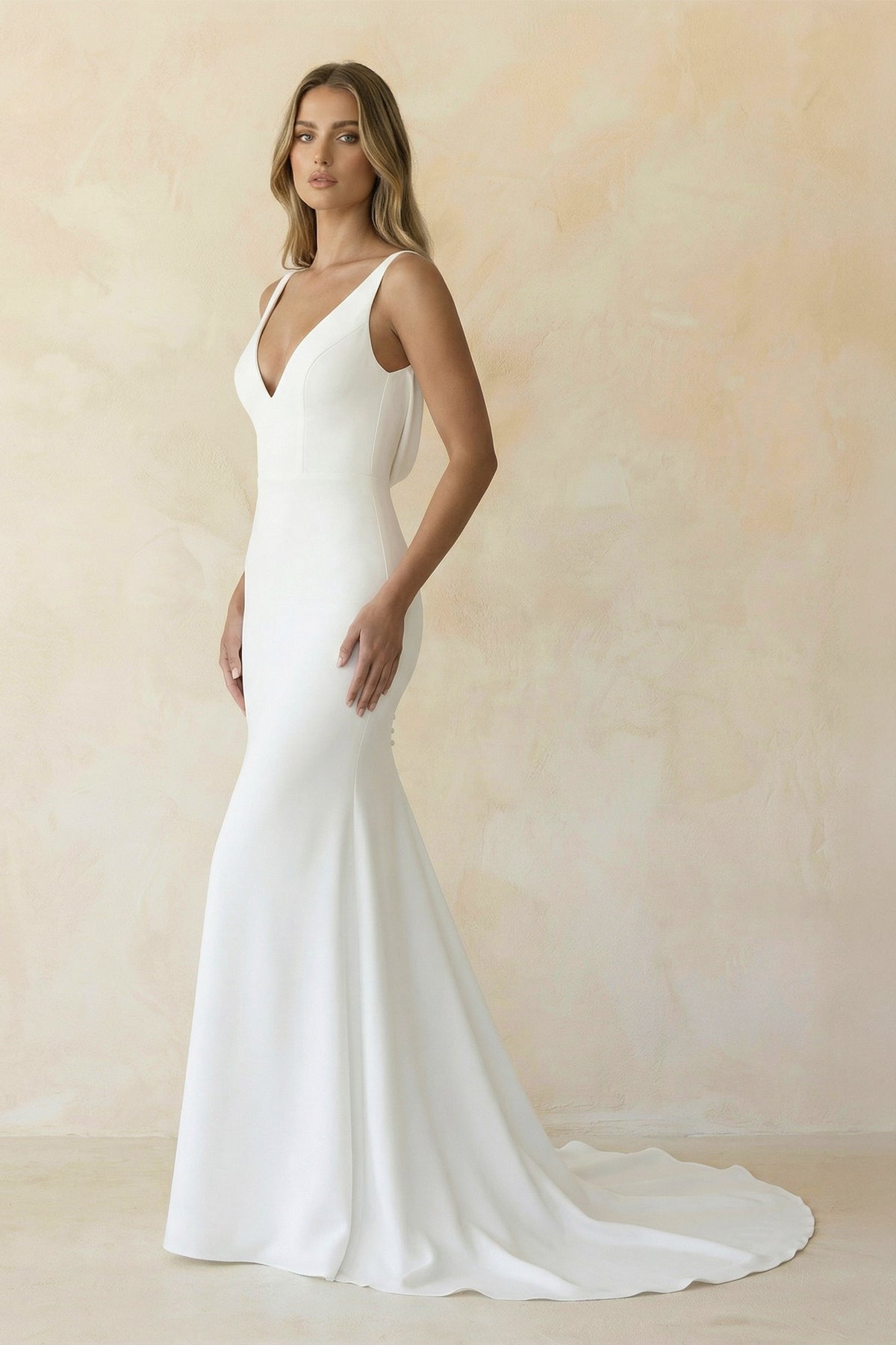 Diamond White Satin Mermaid Wedding Dress with V-Neck Neckline and Sweep Train