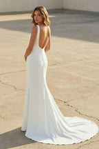 Diamond White Satin Mermaid Wedding Dress with V-Neck Neckline and Sweep Train