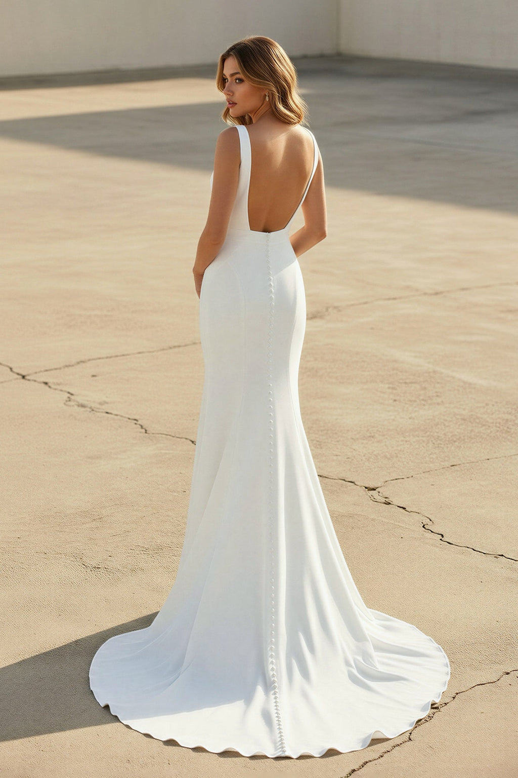 Diamond White Satin Mermaid Wedding Dress with V-Neck Neckline and Sweep Train