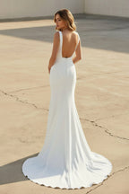 Diamond White Satin Mermaid Wedding Dress with V-Neck Neckline and Sweep Train