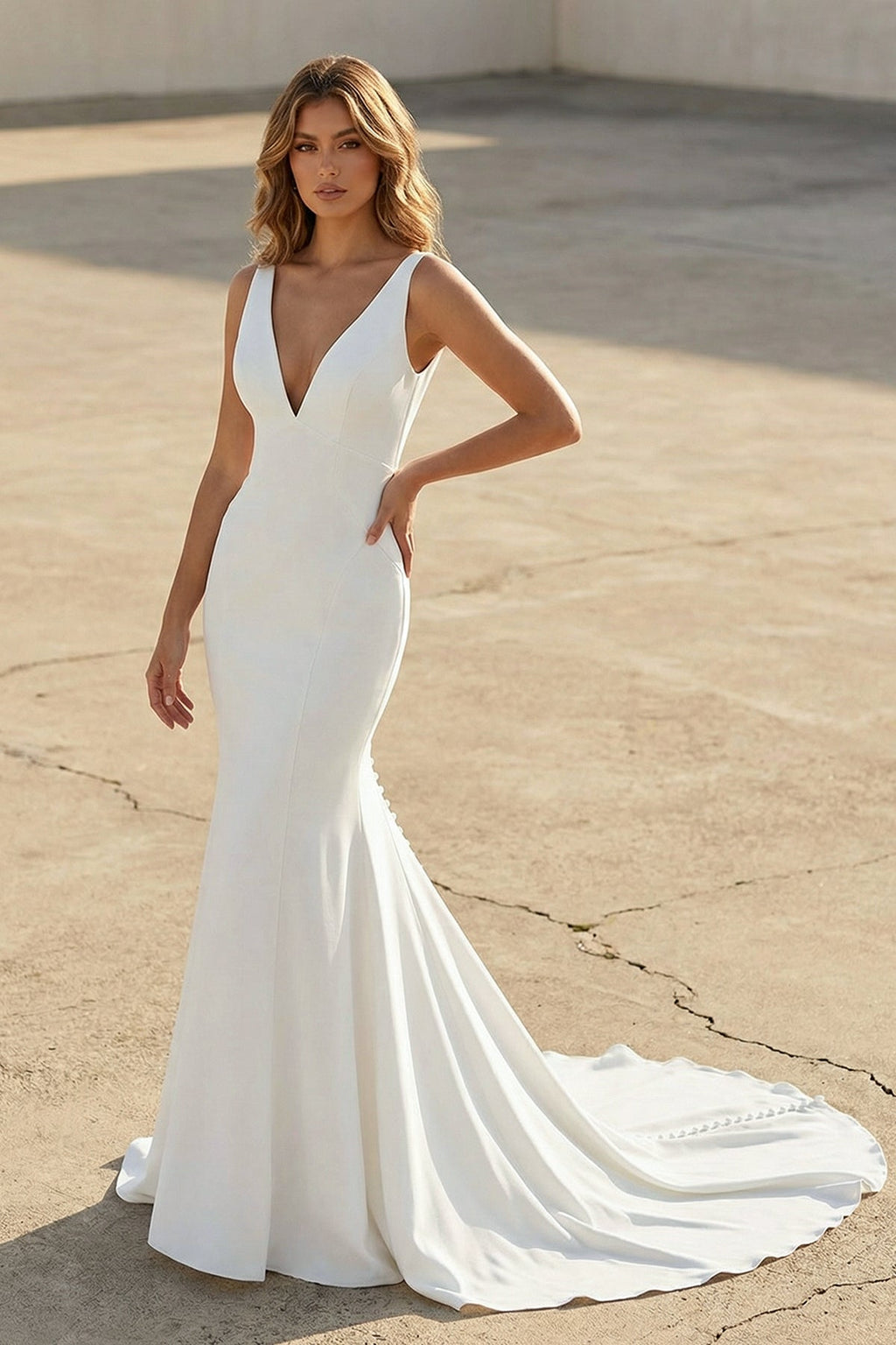 Diamond White Satin Mermaid Wedding Dress with V-Neck Neckline and Sweep Train