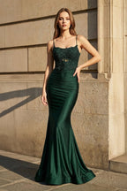 Mermaid Spaghetti Straps Dark Green Long Formal Prom Gown with Appliques