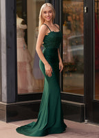 Mermaid Spaghetti Straps Dark Green Long Formal Prom Gown with Appliques