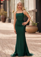 Mermaid Spaghetti Straps Dark Green Long Formal Prom Gown with Appliques