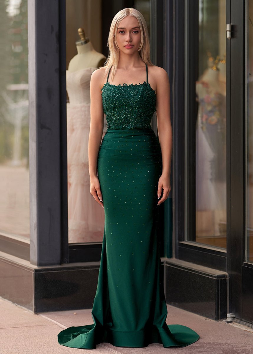 Mermaid Spaghetti Straps Dark Green Long Formal Prom Gown with Appliques