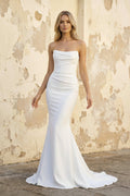 Diamond White Satin Mermaid Wedding Dress with Strapless Neckline and Sweep Train