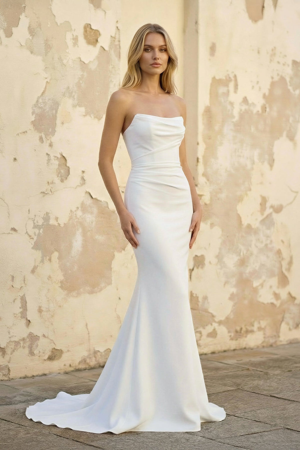 Diamond White Satin Mermaid Wedding Dress with Strapless Neckline and Sweep Train