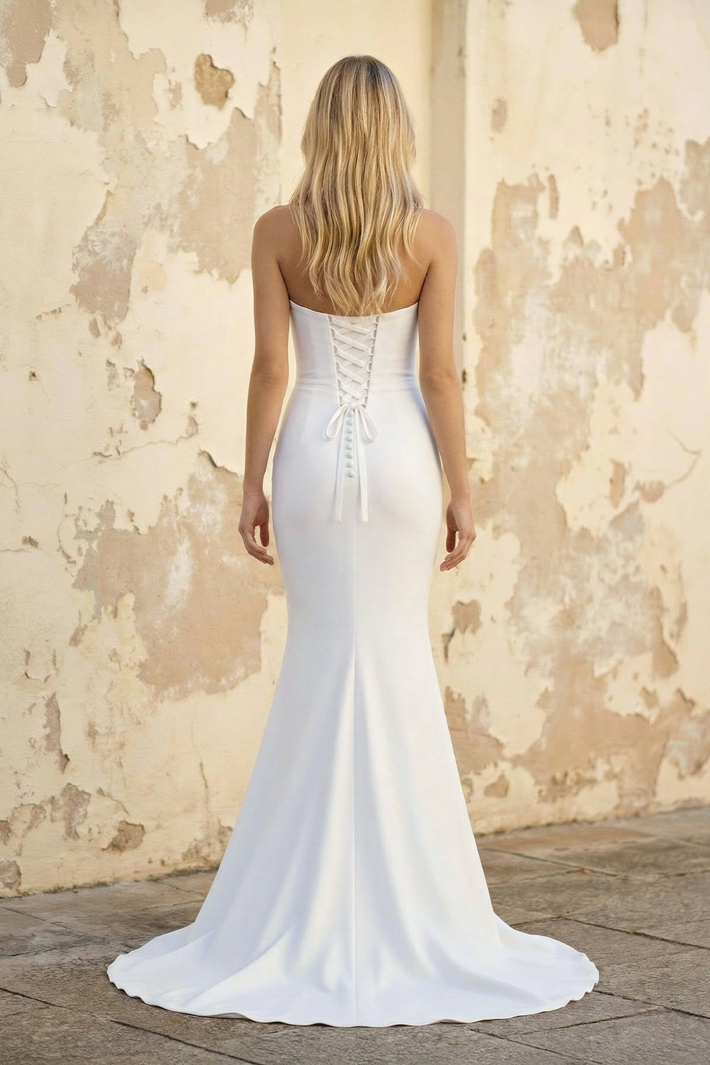 Diamond White Satin Mermaid Wedding Dress with Strapless Neckline and Sweep Train