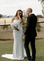 Diamond White Satin Mermaid Wedding Dress with Strapless Neckline and Sweep Train