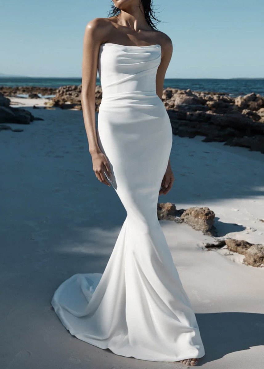 Diamond White Satin Mermaid Wedding Dress with Strapless Neckline and Sweep Train