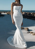Diamond White Satin Mermaid Wedding Dress with Strapless Neckline and Sweep Train