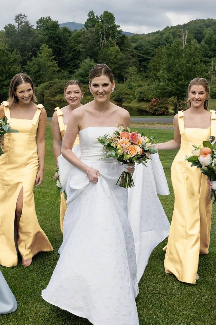 Sky Blue Satin Mermaid Bridesmaid Dress with Square Neck Neckline and Pleated Detail