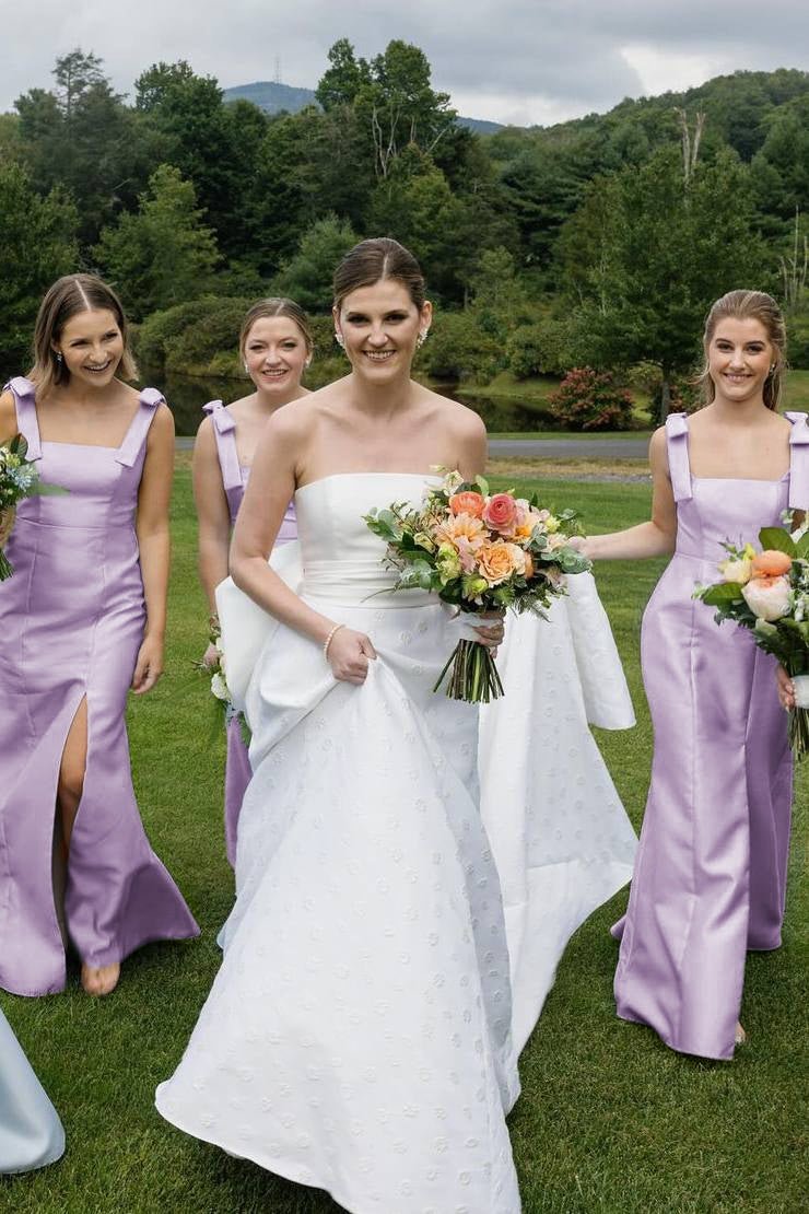 Sky Blue Satin Mermaid Bridesmaid Dress with Square Neck Neckline and Pleated Detail