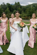Sky Blue Satin Mermaid Bridesmaid Dress with Square Neck Neckline and Pleated Detail