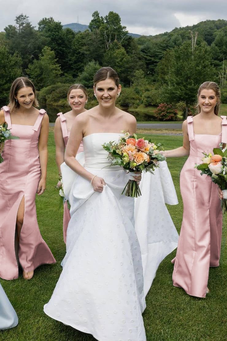 Sky Blue Satin Mermaid Bridesmaid Dress with Square Neck Neckline and Pleated Detail