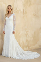 Diamond White Satin Mermaid Wedding Dress with V-Neck Neckline and Sweep Train