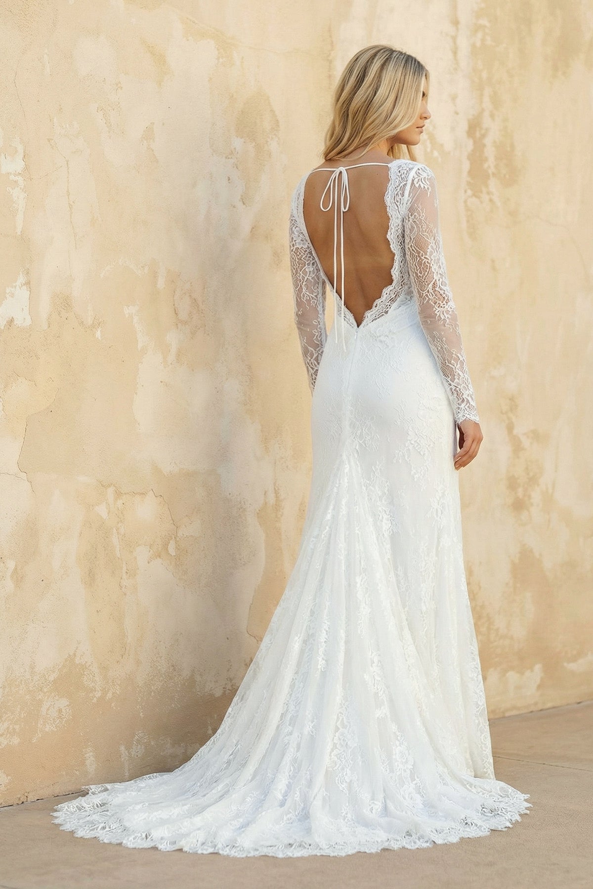 Diamond White Satin Mermaid Wedding Dress with V-Neck Neckline and Sweep Train