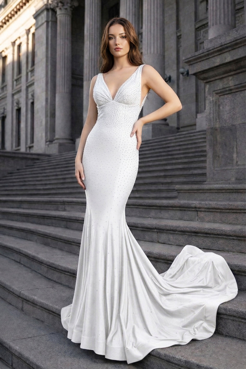 Navy Blue Satin Mermaid Evening Dress with V-Neck Neckline and Beading