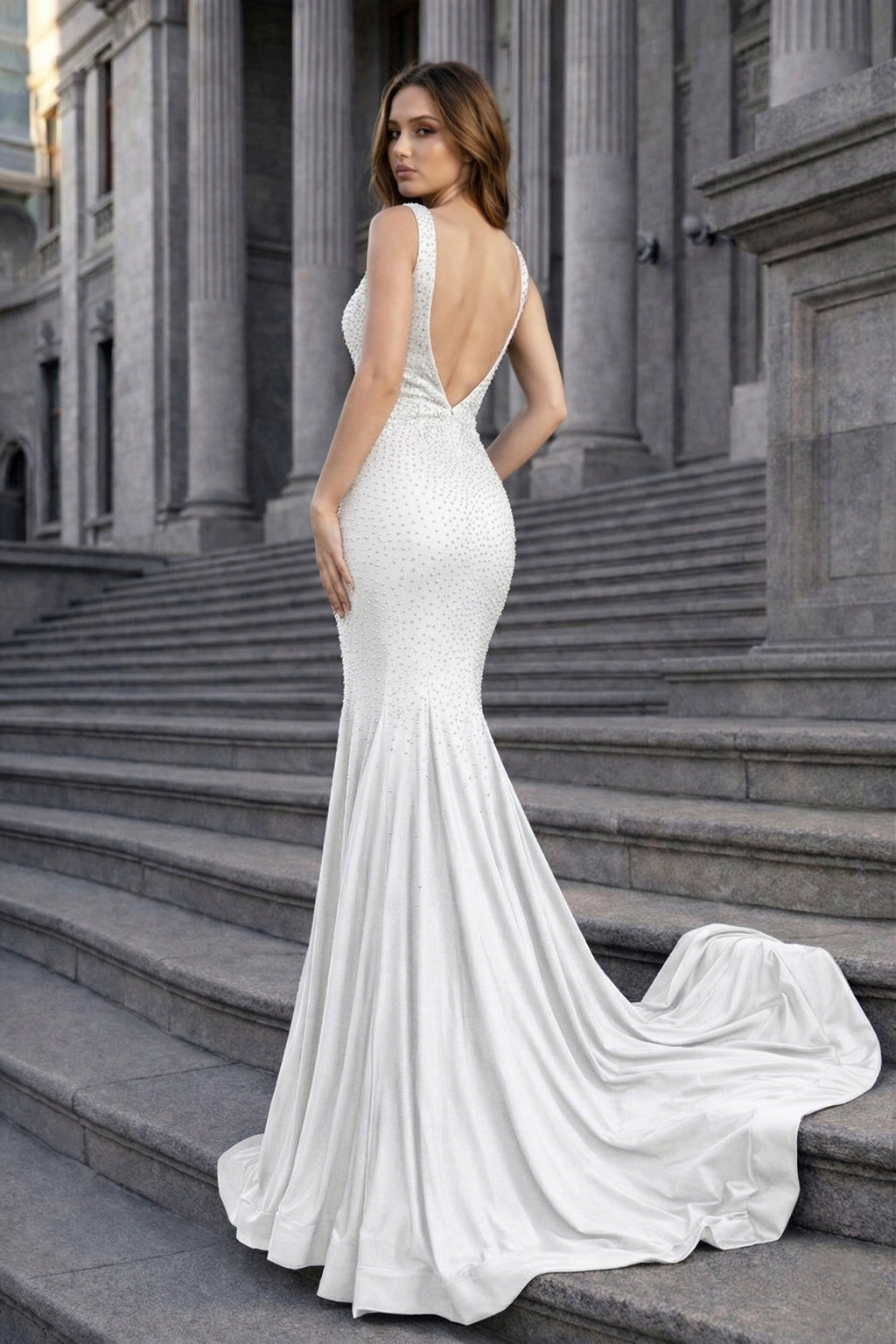 Navy Blue Satin Mermaid Evening Dress with V-Neck Neckline and Beading