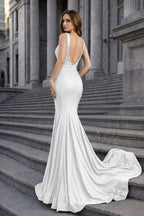 Navy Blue Satin Mermaid Evening Dress with V-Neck Neckline and Beading