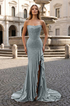 Tivona dusty blue front view prom dress