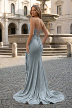 Tivona dusty blue back view prom dress