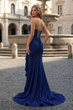 Tivona navy blue back view prom dress