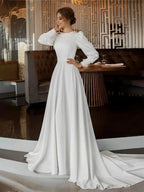 Diamond White Chiffon A-Line Wedding Dress with Sweep Train