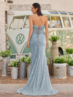 Strapless Mermaid Long Sequins Formal Prom Gown With Split