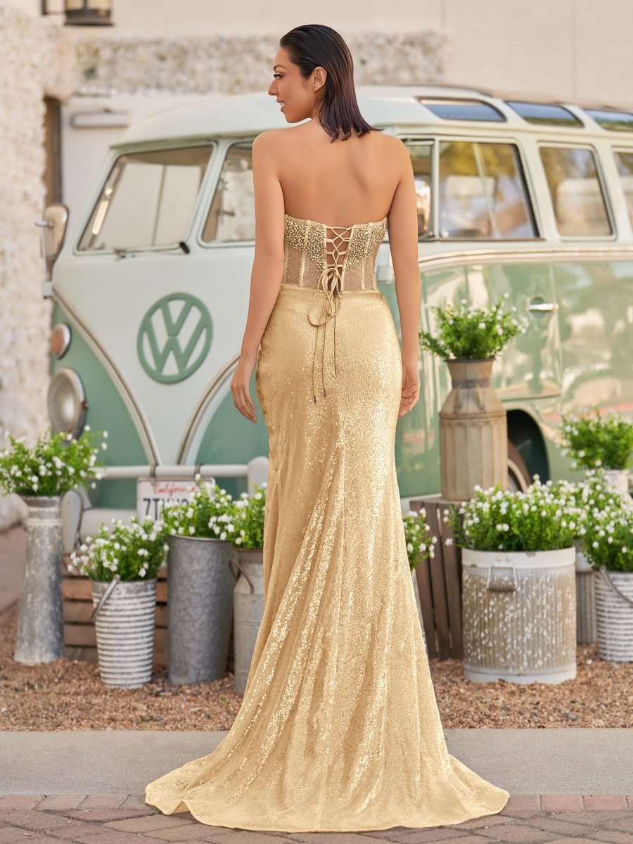 Strapless Mermaid Long Sequins Formal Prom Gown With Split