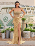 Strapless Mermaid Long Sequins Formal Prom Gown With Split